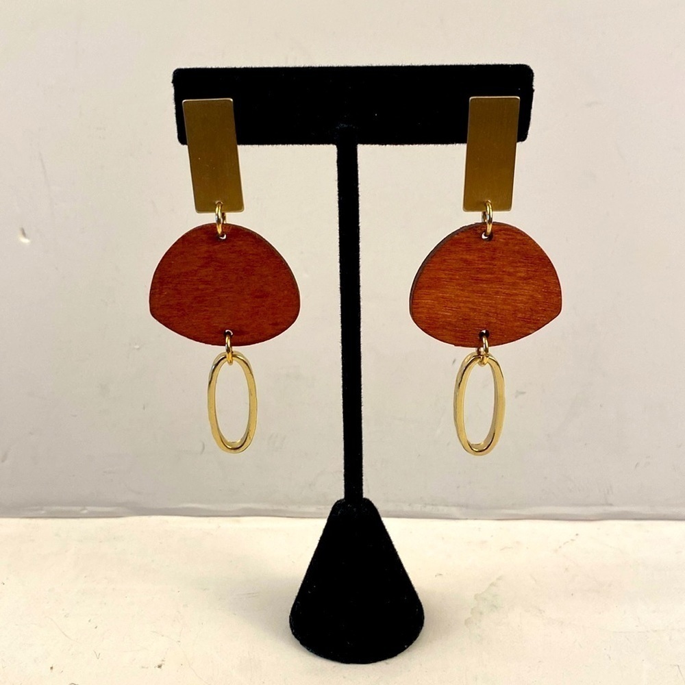 Wood and brass modern dangle earrings 3” x 1” lightweight hammered brass